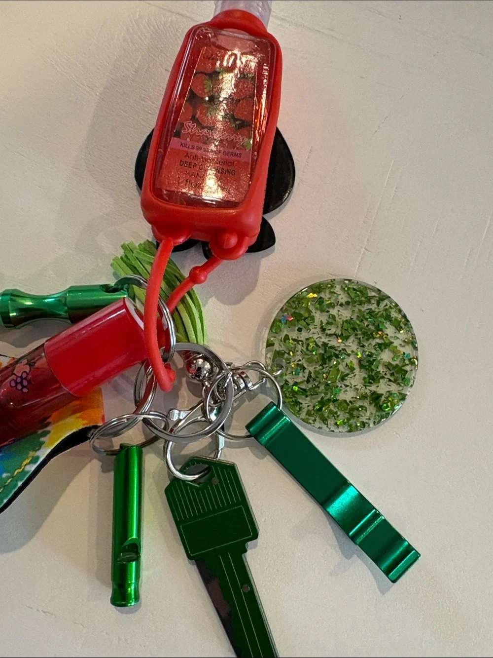 Green Metallic Keychain Safety Set with Cherry Hand Sanitizer Holder
